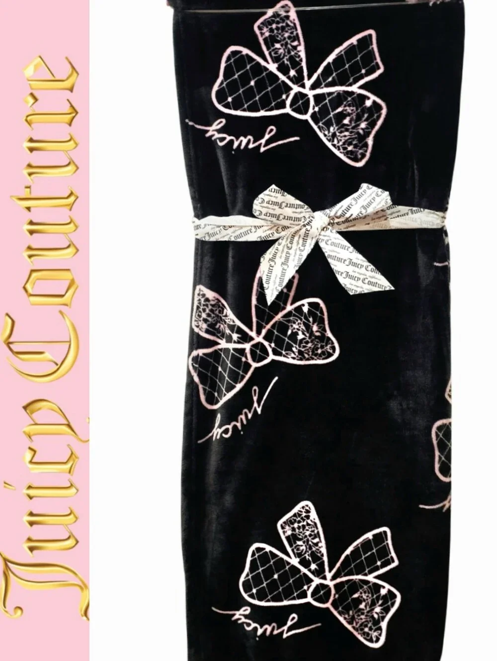 Juicy Couture Home Script Logo Bows Plush Throw Blanket